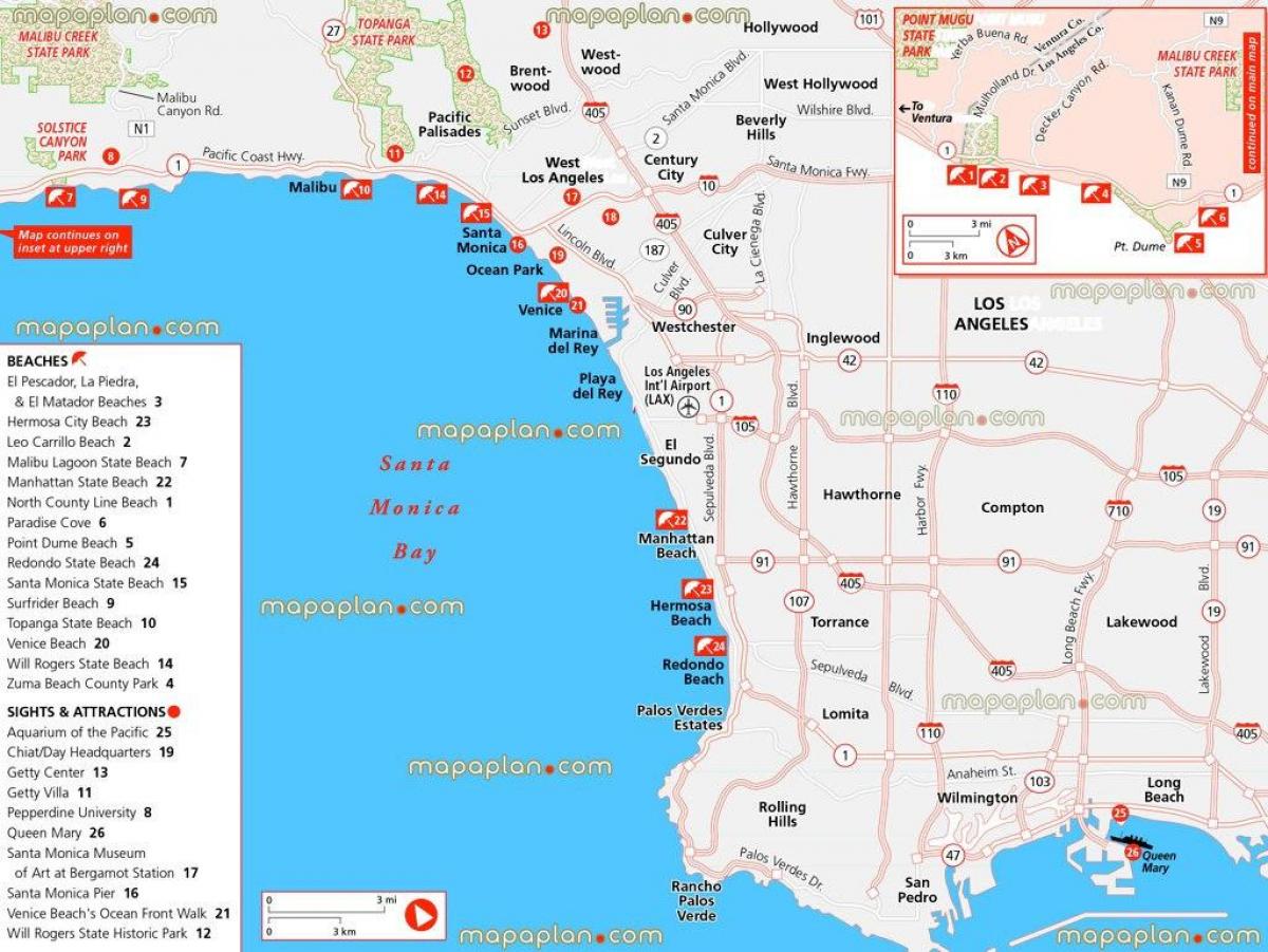 Los Angeles pláže mapě