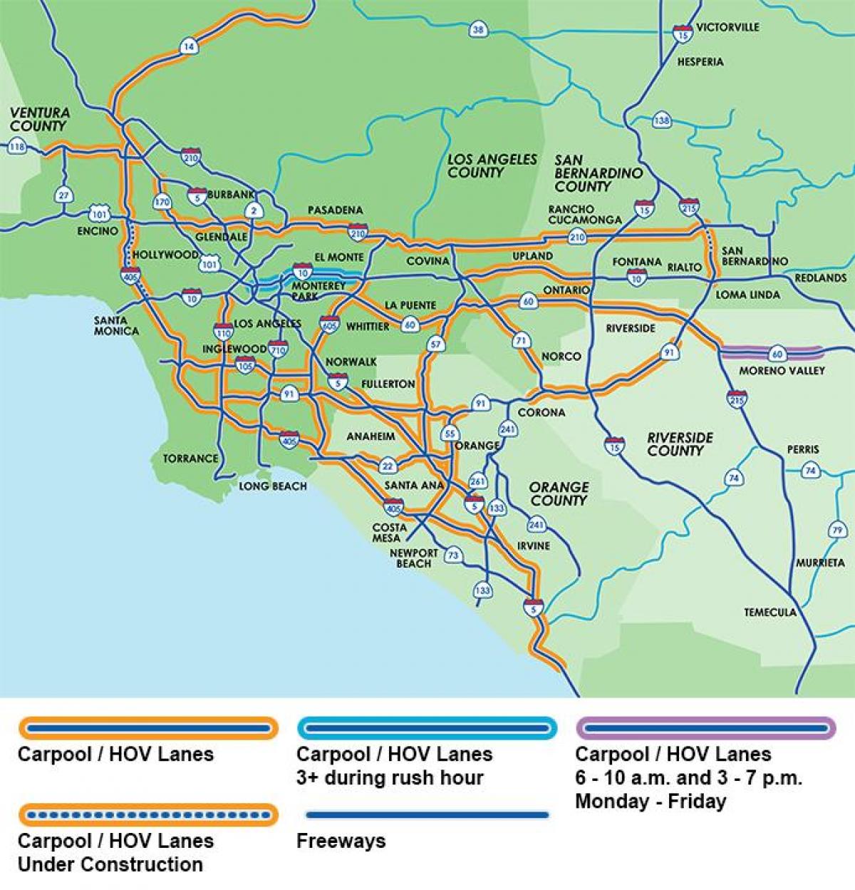 Los Angeles dálnici spolujízda pruhy mapa